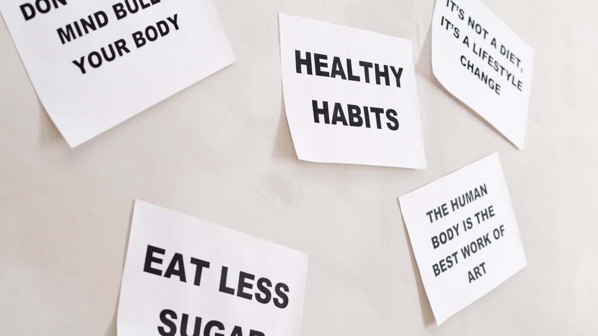 Inspirational health-themed text posters promoting a healthy lifestyle, focus on positive habits.